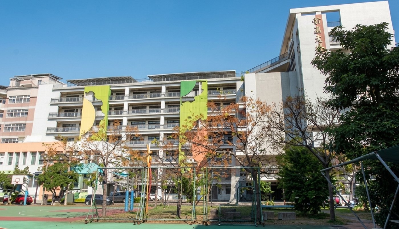 崇實高工的教學大樓與球場，牆面上有黃綠色的大型幾何造型 A teaching block at ChungShih seen from the ball court, with large yellow and green geometric panels on its façade